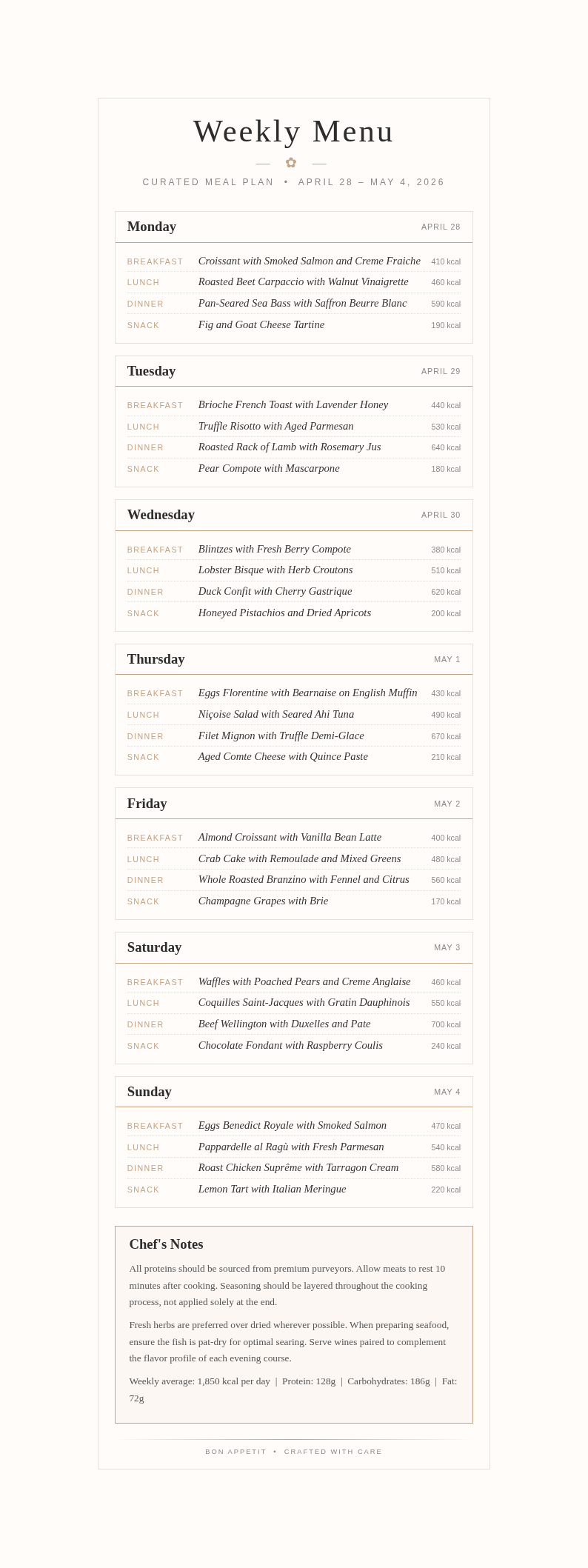 Elegant sophisticated meal plan